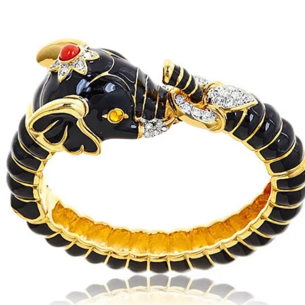 Kenneth Jay Lane KJL gold black crystal enamel elephant animal bracelet bangle